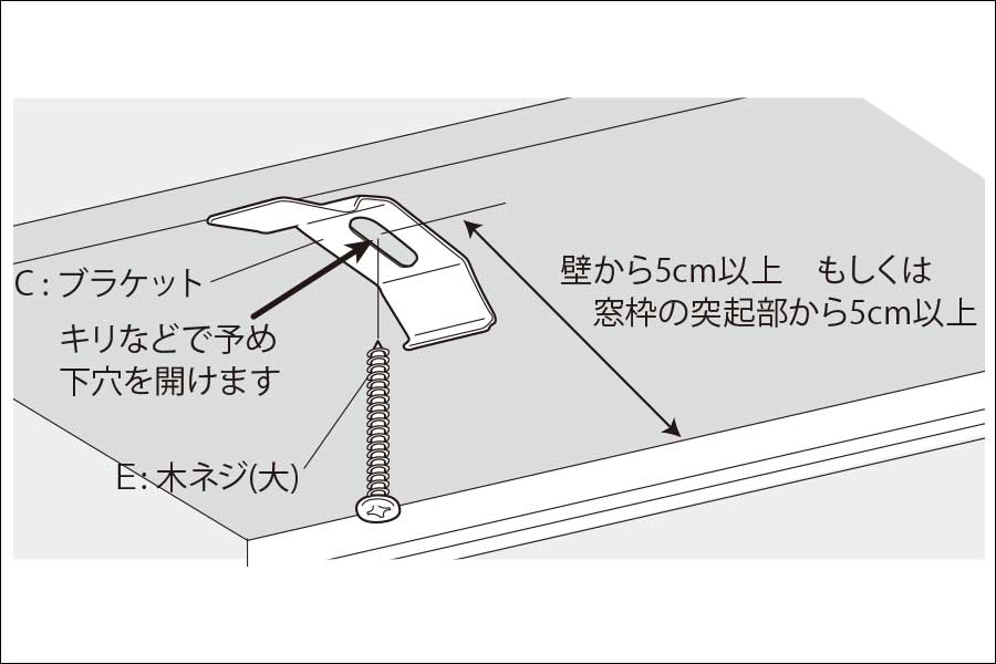 バーチカルブラインドの天面、天井付けのブラケット取り付けのイメージ。壁または窓枠の突起部よりブラケットまで4cm以上離した位置にブラケットを固定してください。 | イージーブラインド